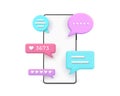 3d realistic phone with popping messages and comments in speech bubbles. Smartphone text dialog, notification and online