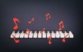3d realistic piano keys. Musical instrument keyboard with music notes. Vector illustration
