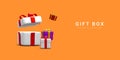 3d realistic pile gifts boxes with ribbon. Decorative festive objects. New Year and Christmas design banner. Vector illustration