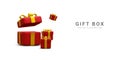 3d realistic pile red gifts boxes with gold ribbon. Decorative festive objects. New Year and Christmas design banner. Vector Royalty Free Stock Photo