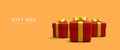 3d realistic pile red gifts boxes with gold ribbon. Decorative festive objects. New Year and Christmas design banner. Vector