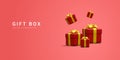 3d realistic pile red gifts boxes with gold ribbon. Decorative festive objects. New Year and Christmas design banner. Vector