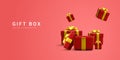 3d realistic pile red gifts boxes with gold ribbon. Decorative festive objects. New Year and Christmas design banner. Vector