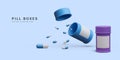 3d realistic pill bottles with flying treatment medication capsule pills isolated on white background. Health care concept banner Royalty Free Stock Photo