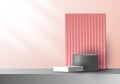 3D realistic pink and gray color geometric platform and battens backdrop with side lighting mockup minimal scene background