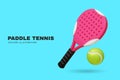 3d realistic pink paddle tennis racket and green tennis ball on blue background. Vector illustration. Padel tennis sport