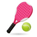 3d realistic pink paddle tennis racket and green tennis ball on white background. Vector illustration. Padel tennis