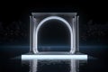 3D Realistic Podium Display on Water with Glowing Gate and White Curtain Cloth