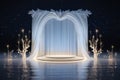 3D Realistic Podium Display on Water with Glowing Gate and White Curtain Cloth