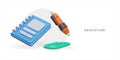 3d realistic poster with notebook, orange pencil and clip. Kit for education and work in office Royalty Free Stock Photo