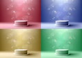 3D realistic products display empty white podium stand with blurred bokeh and particles on bright colors background lighting