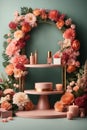 3D realistic products presented on a podium with colorful flowers and pink circular geometry on a green pastel background. Mock