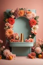 3D realistic products presented on a podium with colorful flowers and pink circular geometry on a green pastel background. Mock