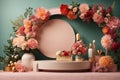 3D realistic products presented on a podium with colorful flowers and pink circular geometry on a green pastel background. Mock