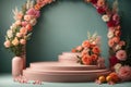 3D realistic products presented on a podium with colorful flowers and pink circular geometry on a green pastel background. Mock