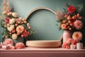 3D realistic products presented on a podium with colorful flowers and pink circular geometry on a green pastel background. Mock