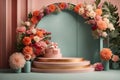 3D realistic products presented on a podium with colorful flowers and pink circular geometry on a green pastel background. Mock