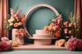 3D realistic products presented on a podium with colorful flowers and pink circular geometry on a green pastel background. Mock