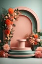 3D realistic products presented on a podium with colorful flowers and pink circular geometry on a green pastel background. Mock