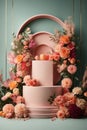 3D realistic products presented on a podium with colorful flowers and pink circular geometry on a green pastel background. Mock