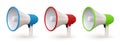 3d realistic red, blue and green megaphone, loudspeaker icons. Public voice speaker for speech, emergency or announce