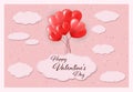 3D Realistic Red Heart Balloons Flying with Love Pattern and Happy Valentines Day Text Greetings in Background. Vector Royalty Free Stock Photo