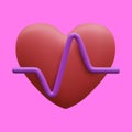 3d realistic red heart with violet pulse for medical apps and websites. Medical healthcare concept. Heart pulse, heartbeat line, Royalty Free Stock Photo