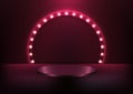 3D realistic red podium pedestal with glowing light bulb circle backdrop on dark background retro style