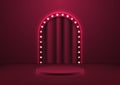 3D realistic red podium pedestal with glowing light bulb circle backdrop on dark background retro style