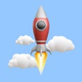 3d realistic red rocket flies through the clouds. Vector illustration Royalty Free Stock Photo
