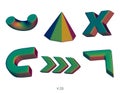 3D realistic render geometric figures. Matte green design elements. Colorful vector decorative shapes. Pyramid, Arrows