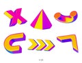 3D realistic render geometric figures. Vivid iridescent design objects. Bright vector decorative shapes. Pyramid, Arrows