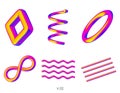 3D realistic render geometric figures. Vivid iridescent design objects. Bright vector decorative shapes. Spiral, wavy