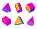 3D realistic render geometric figures. Vivid iridiscent design objects. Bright vector decorative shapes. Cube, cone