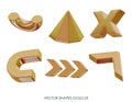 3D realistic render gold figures. Yellow metallic design objects. Vector decorative geometric shapes. Pyramid, Arrows