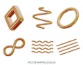 3D realistic render gold figures. Yellow metallic design objects. Vector decorative geometric shapes. Spiral, wavy lines