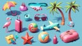 This is a 3D realistic render modern icon set featuring summery objects, such as an inflatable ball, an airplane