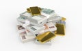 Pile czech crown ceska koruna national money in czech republic. With golden bar or brick Isolated on white background.