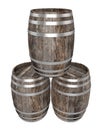 Render of three old dark wood barrel. White background. Shadows. Clipping path Royalty Free Stock Photo