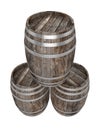 Render of three old dark wood barrel. White background. Shadows. Clipping path Royalty Free Stock Photo