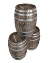 Render of three old dark wood barrel. White background. Shadows. Clipping path Royalty Free Stock Photo