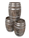 Render of three old dark wood barrel. White background. Shadows. Clipping path Royalty Free Stock Photo