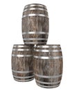 Render of three old dark wood barrel. White background. Shadows. Clipping path Royalty Free Stock Photo