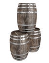 Render of three old dark wood barrel. White background. Shadows. Clipping path Royalty Free Stock Photo