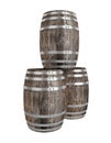 Render of three old dark wood barrel. White background. Shadows. Clipping path Royalty Free Stock Photo