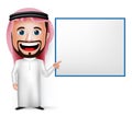 3D Realistic Saudi Arab Man Cartoon Character Holding Blank White Board Royalty Free Stock Photo