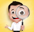 3D Realistic School Boy or Professor Holding Magnifying Glass