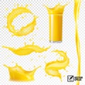 3D Realistic Set Of Isolated Vector Different Splashes Of Juice Of Orange, Mango, Bananas And Other Fruits, Transparent