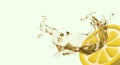 3d realistic slice of lemon and splash of natural organic juice