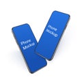 3d Realistic smartphone mockup flying, 2 black mobile device rotated with angle view, blank blue screen for show your ux